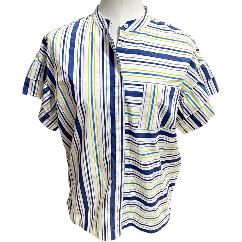 Halogen Size 1 Short Sleeve Stripes Blouse Button Up Shirt Ruffle White Blue 1X